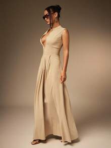 Hauture Vestido maxi de salida con cremallera frontal, sexy, de tela elástica y plisada para mujer - Caqui - Ver 4