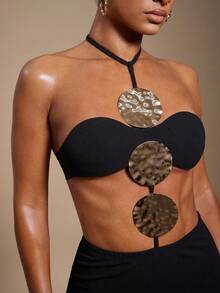 Hauture Mono de mujer sexy de unicolor con decoración de placa metálica hueca para fiesta - Negro - Ver 2