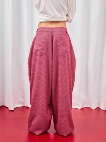 COUREZ 中性低腰宽松格纹长裤 - 酒紅色 - 查看 3