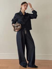 Dazy-Less Women's Loose Business Casual Cargo Style Denim Jacket And Pants Set With Large Pockets, Drawstring, Tie Waist, Autumn/Winter,Fall Women Clothes - Black - View 8