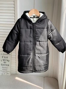 SHEIN 1pc Young Boy Casual Collegiate Thermal Lined Padded Knee-Length Hooded Quilted Coat,Practical Fashion Versatile Contrast Jacket For Autumn/Winter - Black - View 5