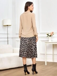 Miaspire Fall/Winter Shirt Top And Skirt 2 Pieces Set, Satin Leopard Print Skirt Elegant 2 Pieces Set, Women's Exquisite Leopard Print 2 Pieces Outfit