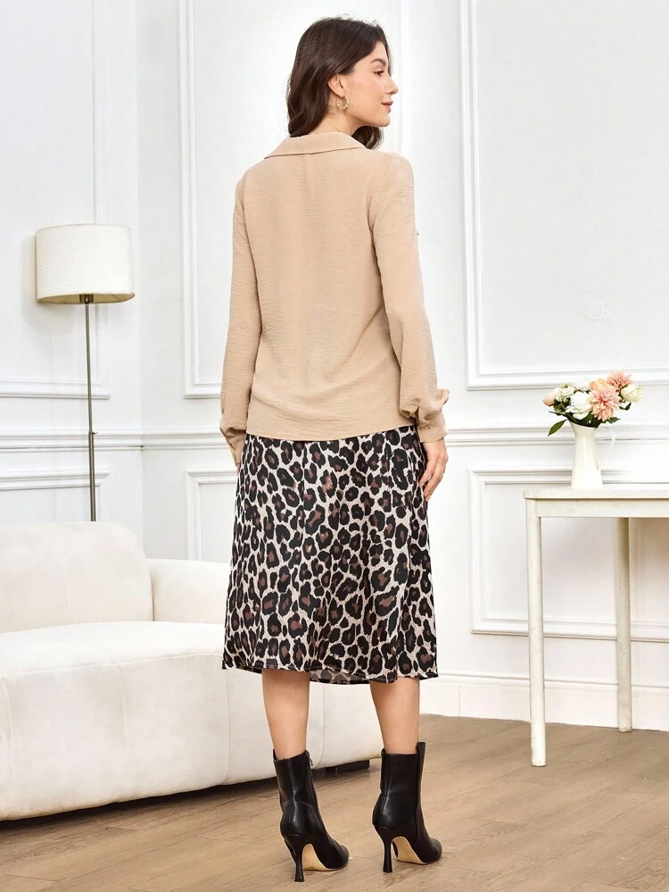 Fall/Winter Shirt Top And Skirt 2 Pieces Set, Satin Leopard Print Skirt Elegant 2 Pieces Set, Women's Exquisite Leopard Print 2 Pieces Outfit