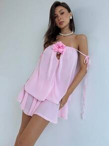 Aloruh Váy ngắn bandeau họa tiết hoa một bên vai ngọt ngào và cay nồng dành cho nữ, viền nhún bèo, quần short an toàn tích hợp để tránh hở hang - Hồng - Xem 8