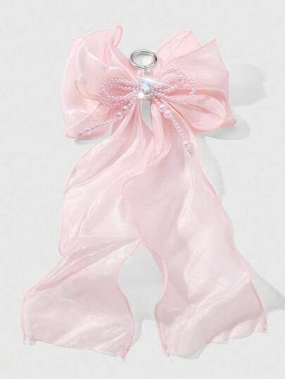 Kawaii 1 pieza Llavero hecho a mano con cuentas, estilo elegante y femenino con perla falsa rosa, decoración de cristal y lazo de malla, accesorio versátil, adecuado para mujeres, niñas, regalo