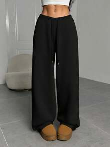 SHEIN EZwear 女士纯色前系带简约直腿运动裤，休闲日常穿着