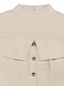 Franclia 女士纯色高领长袖单排扣收腰休闲办公中长连衣裙，秋冬季大学女生服装 - 杏色 - 查看 4