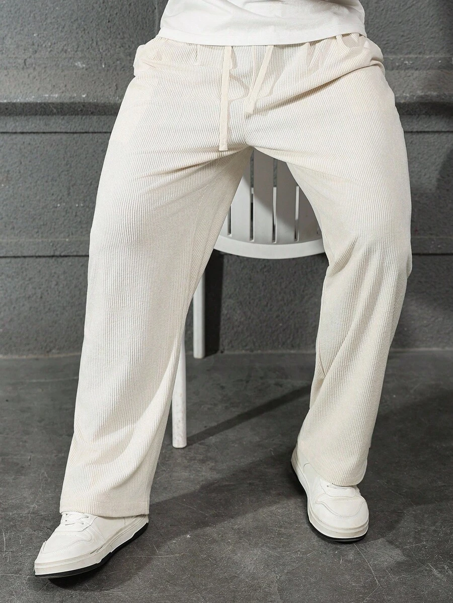 Manfinity Homme 男士畅销休闲裤，铆钉 INS 搭配不同面料，日常穿着，男友/丈夫礼物，周年纪念礼物，浅色直筒宽松长裤，秋季 - 杏色 - 查看 1