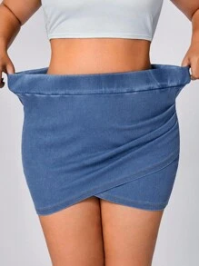 Flexra Váy mini denim ôm sát cơ thể xếp nếp màu trơn cỡ lớn - Màu xanh lam - Xem 4