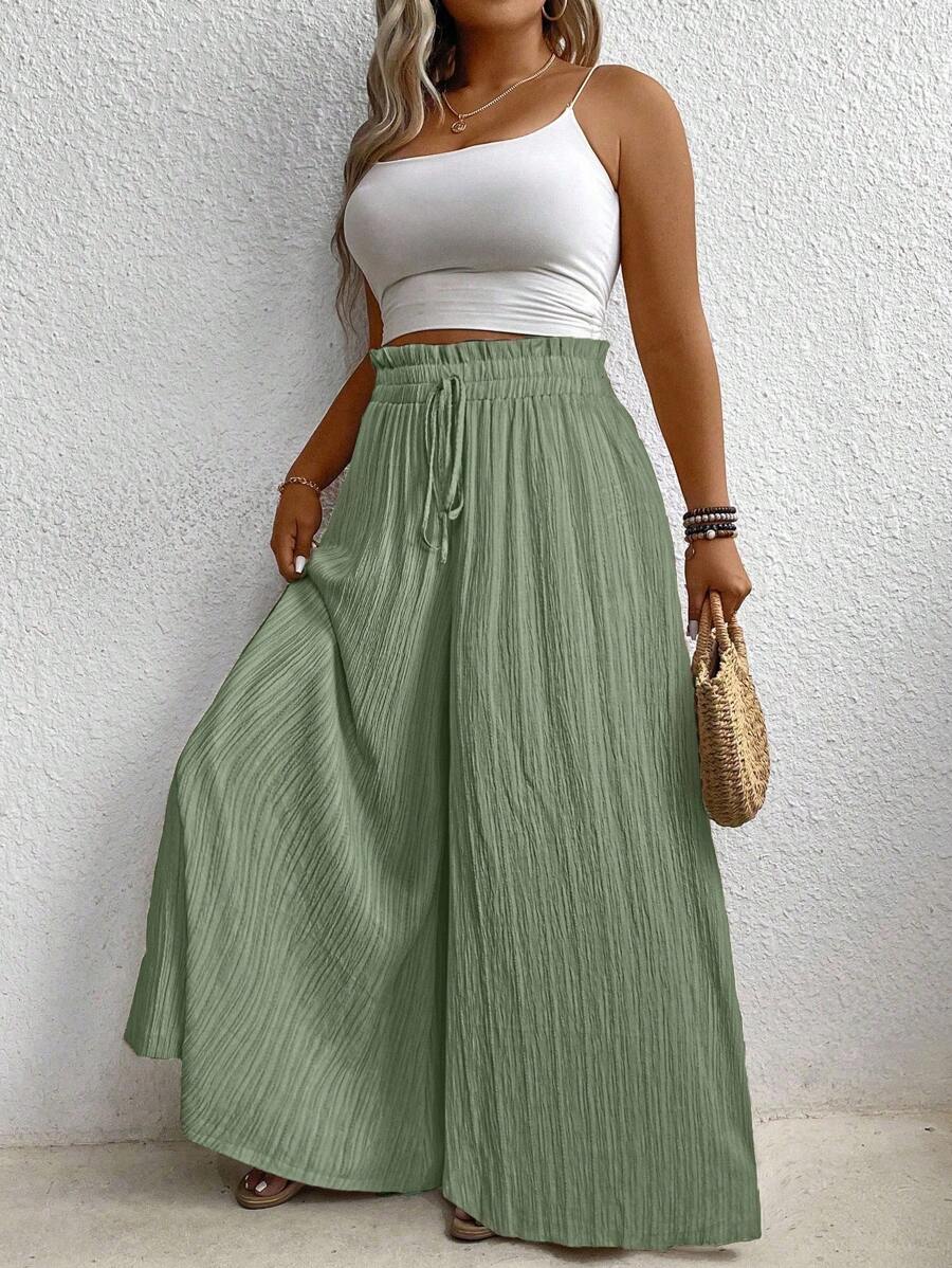 Breezaya Quần ống rộng dáng rộng màu trơn thắt eo xếp nếp dành cho nữ cỡ lớn - màu xanh lá - Xem 1