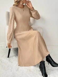 SHEIN LUNE فستان كاجوال للنساء بلون أحادي مع تصميم من الدانتيل، خصر ضيق وأكمام طويلة، ملابس أساسية للخريف والشتاء، ملابس شتوية كاجوال للنساء، ملابس خروج كاجوال للنساء، فساتين كاجوال وأنيقة للنساء، فستان بيج مصنوع من الصوف مع أكمام من الدانتيل - كاكي - مشاهدة 8