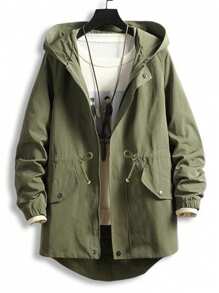 SHEIN Tween Boys' Casual Hooded Mid-Length Thick Woven Jacket, Suitable For School, Garden, Beach, Birthday, Spring, Summer, Autumn, Winter Kids' Back To School Children Place Boy My First Day Of School Boys Kids Boys Teen Boys First Day Of School Tween Boys Mommy And Me For Kids Winter Autumn Fall