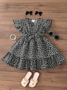 Young Girl Sage Green Floral V-Neck Ruffle Hem Dress,Summer Elegant Fairy Party Outfits,Girls Back To School First Day Outfits,Snug Fit Dance Dress - Black - View 2