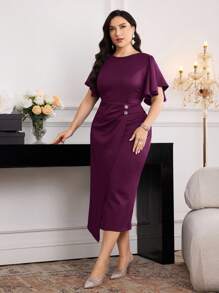 Modelyn Plus Size Women's Solid Color Round Neck Ruffle Short Sleeve Pleated Elegant Dress - Purple - View 5