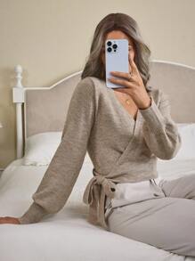 Louniche Floral Print Wrap-Style Cropped V-Neck Tie Waist Long Gigot Sleeve Casual Elegant Sweater For Women,Long Sleeve Tops