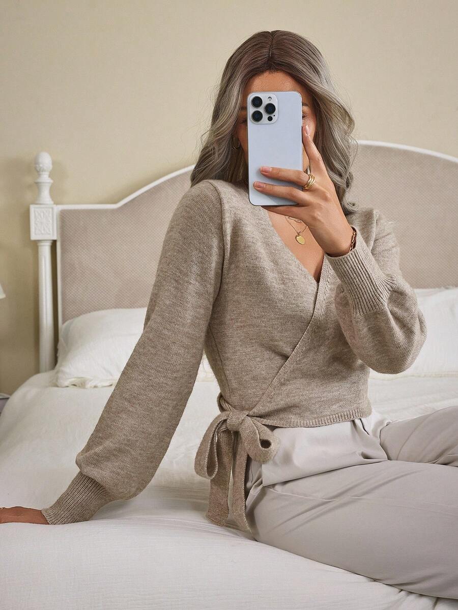 Louniche Floral Print Wrap-Style Cropped V-Neck Tie Waist Long Gigot Sleeve Casual Elegant Sweater For Women,Long Sleeve Tops