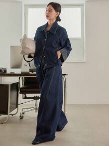 Dazy-Less 女士休闲商务牛仔套装，条纹袖口，拼色，宽松版型，长袖，适合秋冬季，秋季女装 - 深色水洗藍 - 查看 5