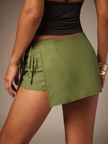Hauture Sexy Summer Casual Solid Flap Detail Overlay Panel Skort - Army Green - View 2