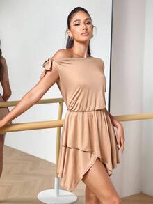 Menodora SHEIN Sport 2pcs/Set Women's Latin Dance Costume, Solid Color Asymmetric Collar Dress And Briefs - Khaki - View 3