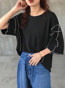 FRIFUL 女款寬鬆休閒對比色條紋圓領落肩上衣，百搭海灘穿搭長袖上衣 - 黑色 - 查看 4