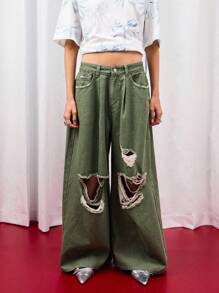 COUREZ 低腰宽松灯笼裤，卡其色水洗做旧款 / Y2K 低腰牛仔裤，秋季女装，秋季外出穿搭，低腰牛仔裤 - 軍綠色 - 查看 7