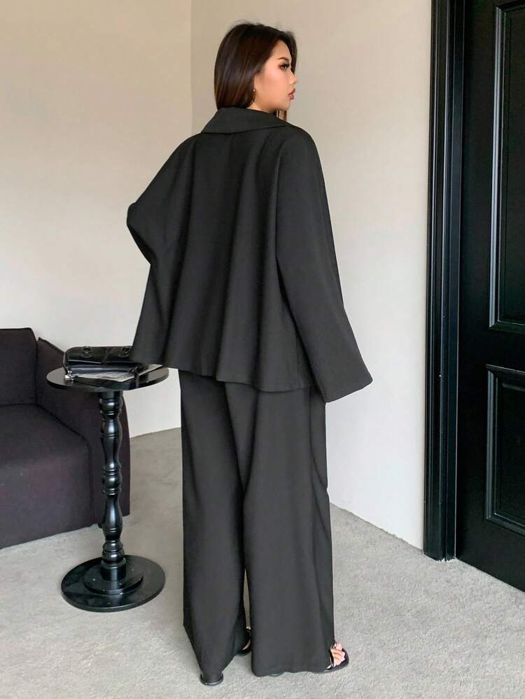 Dazy Plus 2pcs Plus Size Women Loose Cardigan Jacket And Pants Set, Elegant Casual Business Commute Outfit, Autumn Lounge Sets For Women