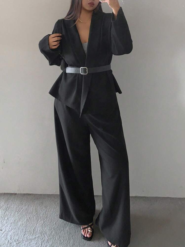 Dazy Plus 2pcs Plus Size Women Loose Cardigan Jacket And Pants Set, Elegant Casual Business Commute Outfit, Autumn Lounge Sets For Women