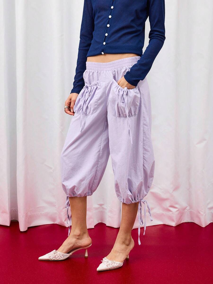 COUREZ Quần lửng cạp thấp có túi phía trước / Phong cách Y2K Thu Đông dành cho nữ, quần cargo nữ thường ngày dễ thương. - Màu tím - Xem 1