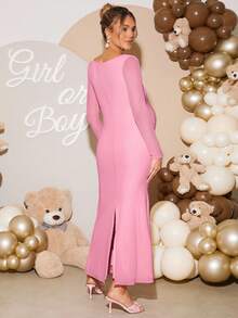 Loomaby 孕妇纯色方领长袖鱼尾下摆修身优雅连衣裙 - 粉色 - 查看 2