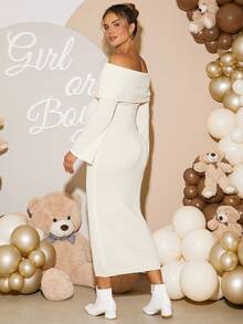 Loomaby Elegant Solid Color Off Shoulder Fitted Maternity Knit Dress,Gender Reveal Dress,Maternity Dress, Baby Shower Dress - Apricot - View 2