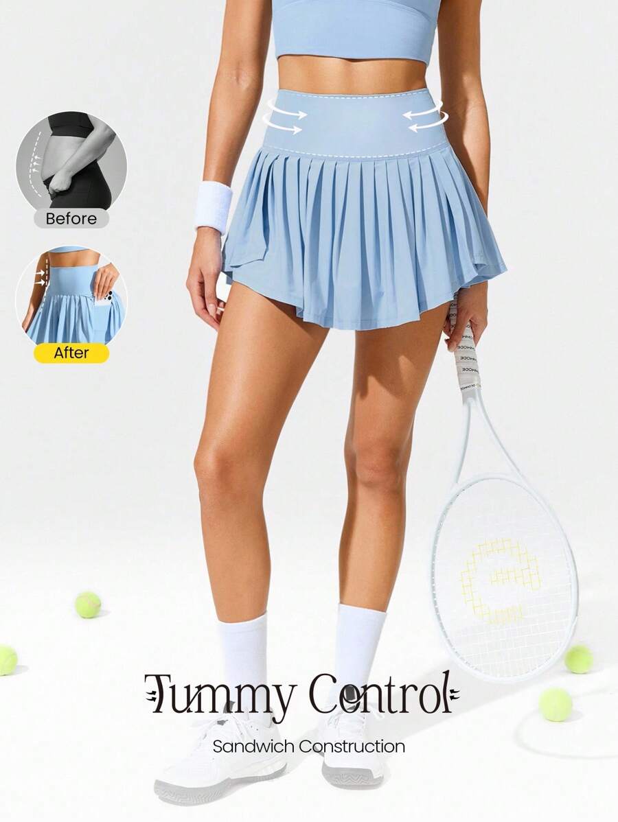GLOWMODE Ace Flex 收腹百褶网球裙，内置短裤侧袋，适合网球高尔夫日常春夏穿着 - 淺藍色 - 查看 1