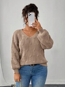Elenzga Sweater Rajut Lengan Panjang Leher V Ukuran Besar untuk Wanita, Gaya Kasual Musim Dingin, Gugur, dan Musim Panas - Aprikot - View 3