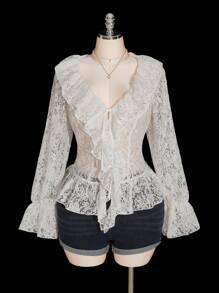 SHEIN ICON 大码女式优雅V领荷叶边蕾丝长袖衬衫，秋季，日期 - 白色 - 查看 4