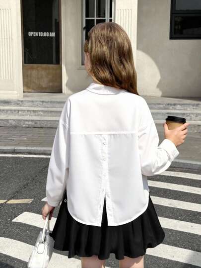 SHEIN Tween 女童休闲时尚百搭纯色梭织翻领前开后开衩宽松落肩长袖白色衬衫，返校日穿