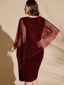 Flouryn 优雅网眼披肩拼接舒适针织二合一连衣裙，优雅大码连衣裙，春夏连衣裙 - 酒紅色 - 查看 2