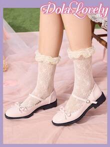 Dola Lovely Giày cao gót thanh lịch Bow Decor Mary Jane - Màu Hồng baby - Xem 4