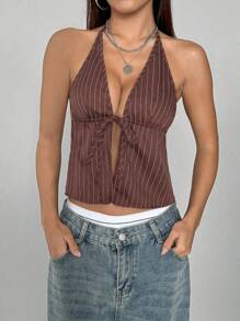 StreetHx 女士性感条纹露背露脐上衣，夏季 - 棕色 - 查看 5