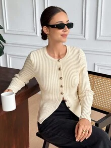 SHEIN Frenchy Women's Elegant Crew Neck Long Sleeve Textured Knit Cardigan,White Gold Button Waist-Defining Fit Sweater For Autumn Brunch,Christmas New Year Top - Grey - View 1