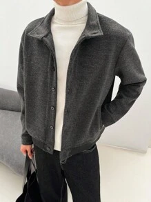 Claim Dot Men's Casual Fashion Button Long Sleeve Overcoats, Autumn/Winter Men Grey Button Up Shirt Textured Button Up Shirt Grey Shirt Men Knitted Shirt Grey Long Sleeve Shirt, Dark Grey Shirt, Grey Button Up Men, Textured Shirt, Old Money Style - Dark Grey - View 5