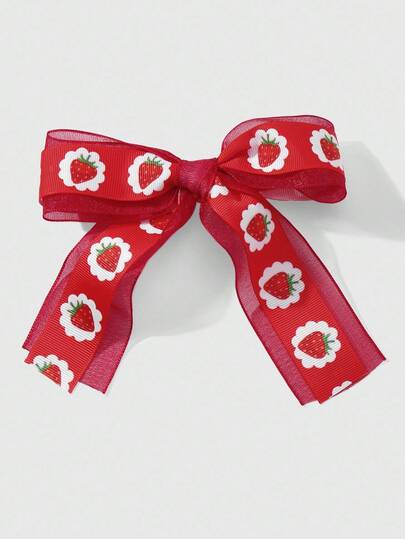 Kawaii 1pc Fashionable Red Mesh Ribbon Printed Strawberry Bow DIY Hair Clip, Elegant & Versatile, Suitable For Women & Girls, Great Gift For Holidays