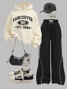 SHEIN Tween Girl Casual Retro Graphic Hooded Sweatshirt & Contrast Color Wide Leg Pants Set,Black,Autumn,School,Back-To-School Fall Winter Athleisure Outfit - Apricot - View 3