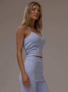 MUSERA Rib Jersey Halter Neck Fitted Cup Detail Cropped Top Casual, Airport, Loungewear, Back To School, Fall - Blue - View 3