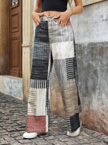 EMERY ROSE Jeans taille haute à jambe large avec imprimé graphique, style de rue décontracté pour femmes