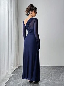 Siren Gaze 秋季女式网眼修身长袖A字下摆长裙 - 藏蓝色 - 查看 2