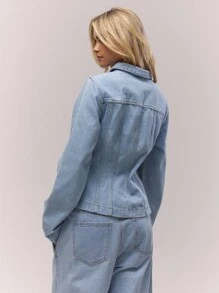 MUSERA 水洗漂白牛仔拼接拉链翻领夹克，仅限秋季穿着，复古乡村风，可爱又时髦，适合返校季、办公室、冬季等各种场合。 - 淺藍色 - 查看 3