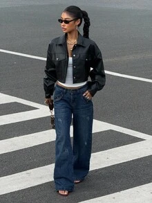 Muchica Fall Clothes Women, Flap Detail Drop Shoulder Crop PU Leather Jacket,Casual Button Drop Shoulder Collar Regular Fit Solid Color Women Jackets, Suitable For Daily Wear