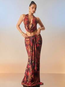 Hauture 女士性感抽象动物印花垂坠领露背短款上衣，金色装饰 - 彩色 - 查看 3