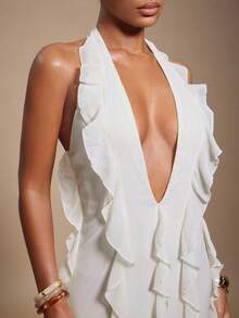 Hauture Women's Summer Sexy Low Front Neck Ruffle Ivory Night Out Maxi Dress - Apricot - View 5