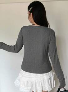 Dazy Plus 撞色拼接二合一系带长袖T恤，大码女款秋季