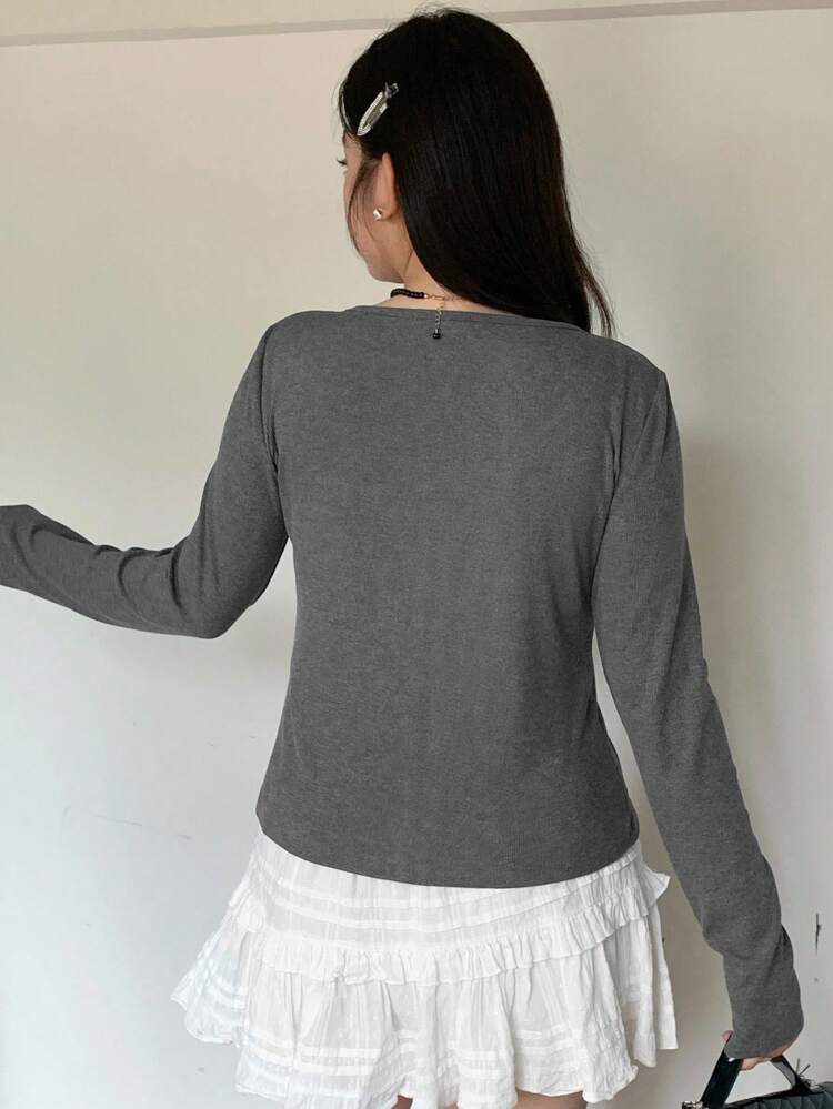 Dazy Plus Contrast Color Patchwork 2 In 1 Lace-Up Long Sleeve T-Shirt, Plus Size Women Autumn Lace Trim Top